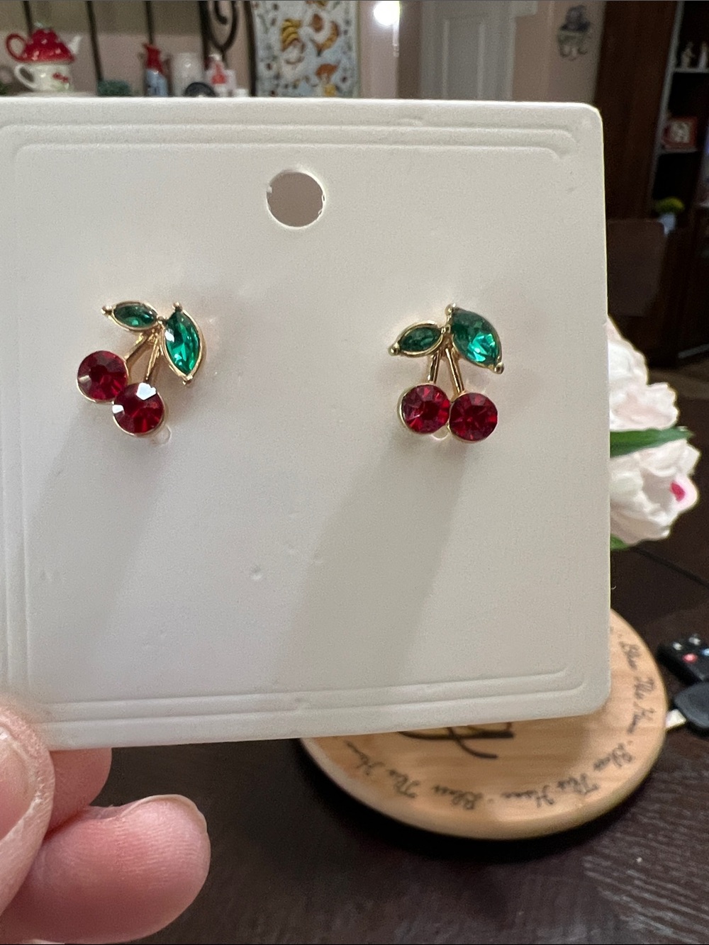 New Gold Cherry Crystal Stud Earrings - Red & Green